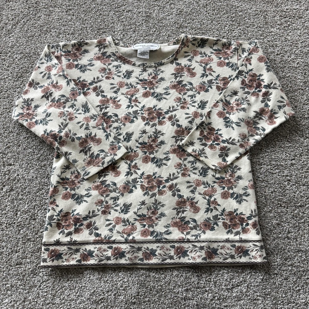 Vintage Adrienne Vittadini Shirt Womens L Beige Floral 3/4 Sleeve Top Petite
